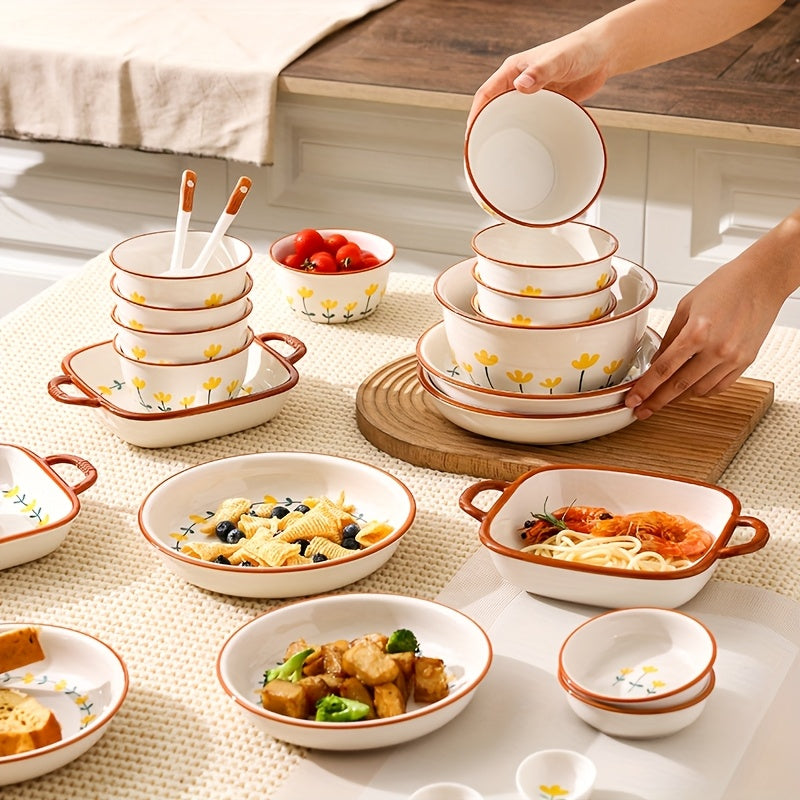 Fresh 11\u002F27\u002F43pcs Ceramic Tableware Set with an Elegant Mountain Chrysanthemum Pattern, Suitable for Serving Steak, Salad, Pasta, And Other Delicacies. Ideal for Restaurants, Hotels, Home Kitchens, And Holiday Gatherings, Designed for 2-8 People