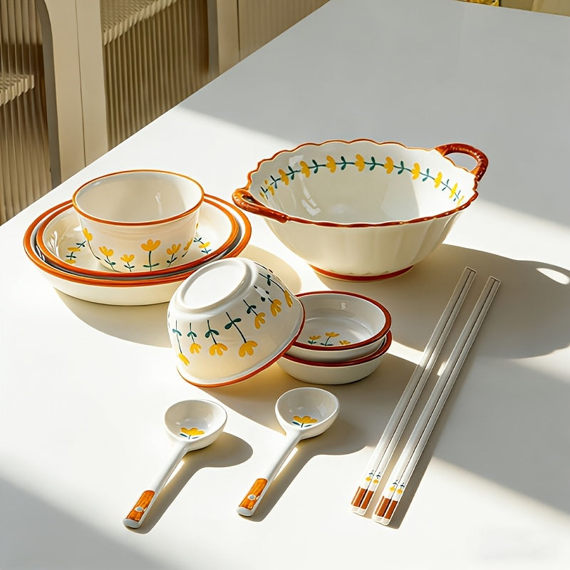 Fresh 11\u002F27\u002F43pcs Ceramic Tableware Set with an Elegant Mountain Chrysanthemum Pattern, Suitable for Serving Steak, Salad, Pasta, And Other Delicacies. Ideal for Restaurants, Hotels, Home Kitchens, And Holiday Gatherings, Designed for 2-8 People