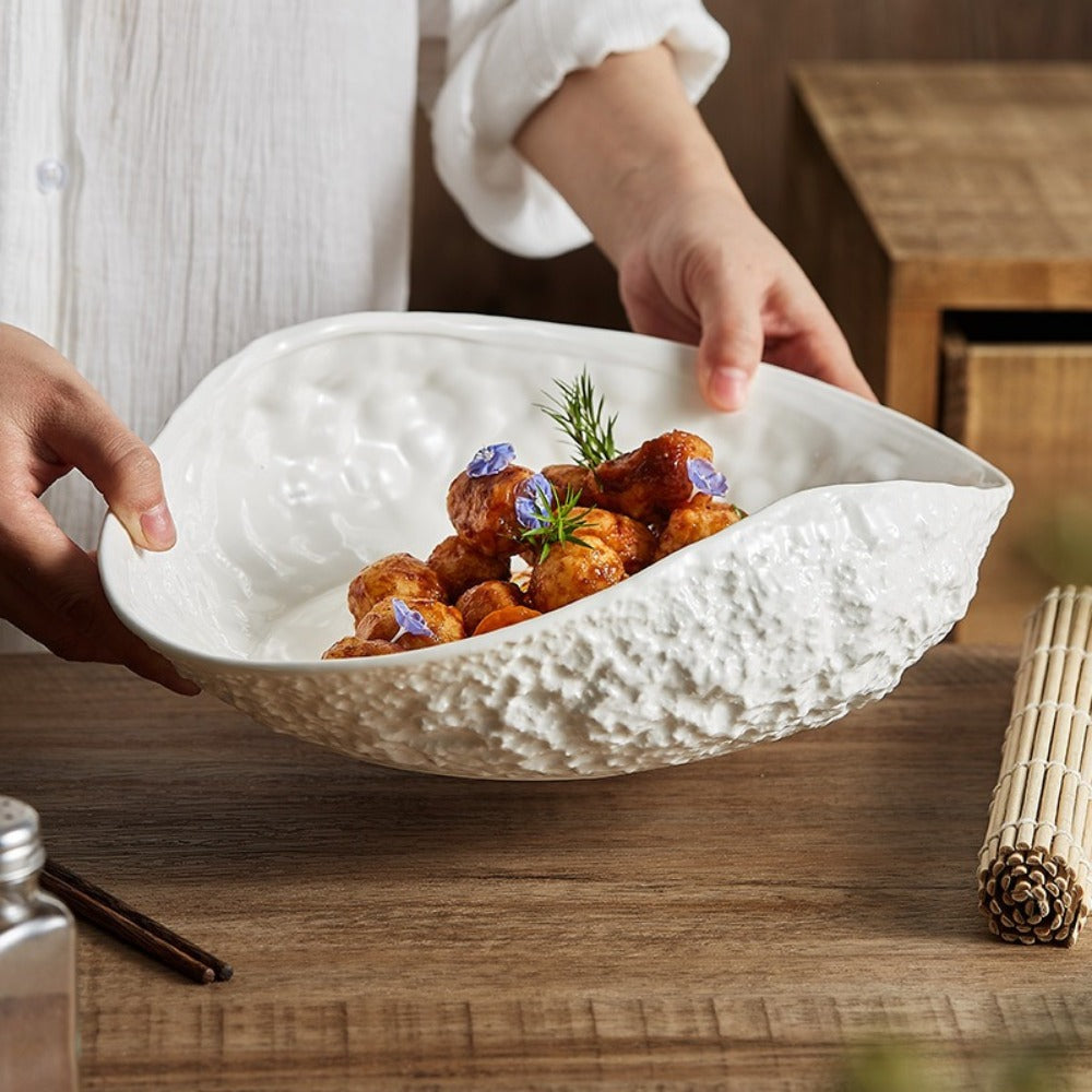Luxury Ceramic Plate with Shell & Stone Texture | High-End Oval Platter for Serving Fish, Soup, Pasta, Ideal for Home Dining & Hotel Restaurant Tableware