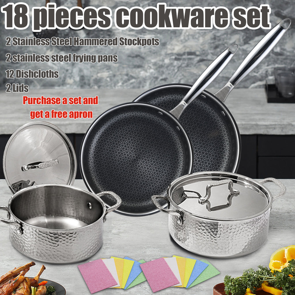 Vivicreate Stainless Steel Cookware Set, 18-Piece Pots . Pans .Dishcloths Set, Kitchen Cookware Set with Stay-Cool Handle, Dishwasher Safe & Compatible with All Stovetops (Gas, Electric & Induction)