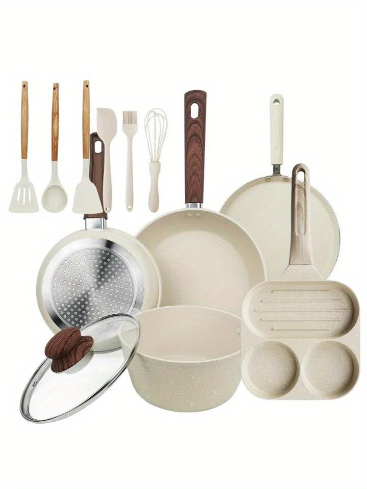 12\u002F15pcs Nonstick Pans Pots Set, Cookware Set with Frying Pan, Saucepan, Cooking Utensils, for Kitchen Home Cannteen Dining Room Use, Gift for Wedding Housewarming, Christmas Gift Box, White