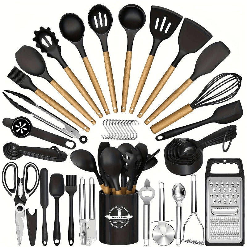 46pcs Various Colors Nonstick Cookware Set with Silicone Cookware Tools & Stainless Steel Handle Spatulas - Black Kitchen Utensil Kit for Pots, Pans, Grills, Ovens - Heavy-Duty Silicone Cooking Accessories, The Best Gifts for Christmas