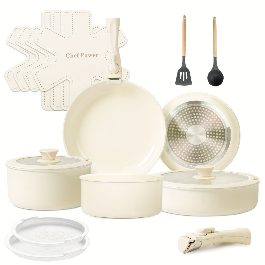 17pcs Versatile Cooking Set: Features a Ceramic Non-Stick Surface, Reduces Storage Needs by 70%, Detachable Handles Suitable for Dishwasher (Handles Excluded), Effortlessly Allows Frying, Stir-Frying, Stewing & Boiling, to Clean And Stylish.